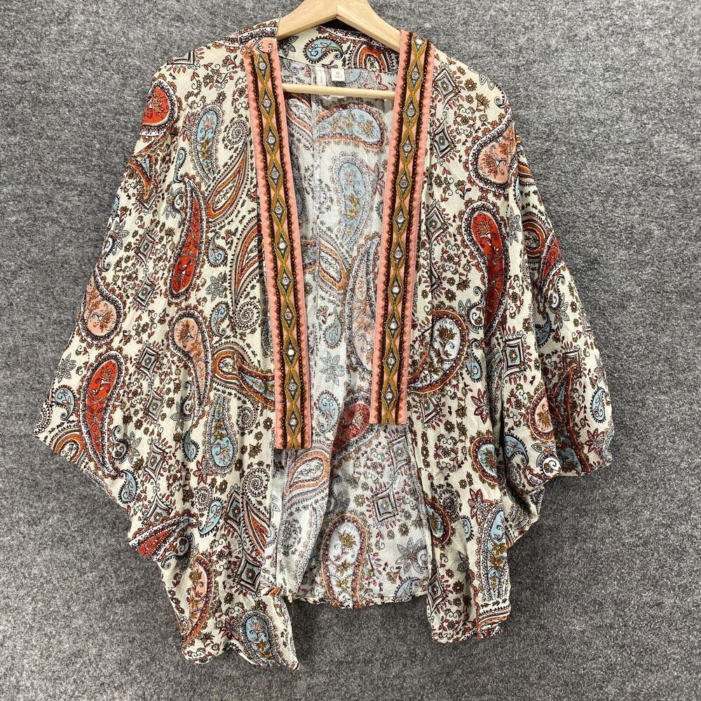 Cato Top Women M Medium White Paisley Open Front Long Sleeve Rayon Breathable